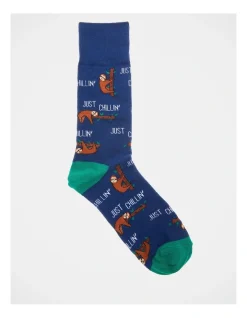 Kenji 1 Pair Just Chillin Sloths Crew Length Socks In Blue