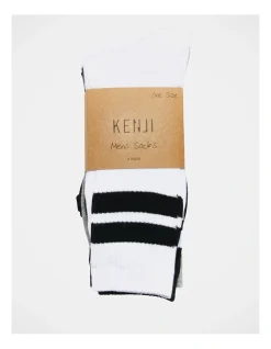 Kenji 4 Pair Sports Crew Rib Socks In White/Black/Grey Stripe