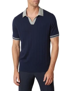 MJ Bale Fitzroy Flat Rib Knit Polo Navy
