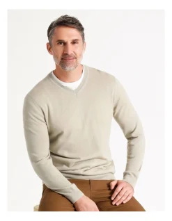 Reserve Australian Merino V-Neck Knit In Stone