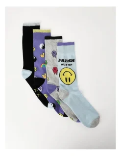 Kenji 4 Pair Pack Crew Socks In Smiling Designs
