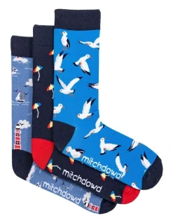 Mitch Dowd Cotton Seaside Mens Socks 3 Pack Gift Box In Multi