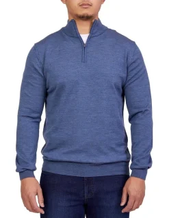Henry Sartorial Merino 1/2 Zip Knit In Mid Blue