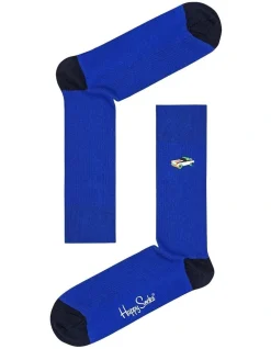 Happy Socks Car Embroidery Ribbed Socks In Blue