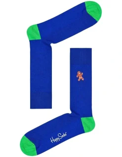Happy Socks Gingerbread Man Embroidered Christmas Socks In Blue
