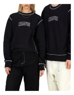 Champion Reverse Weave Contrast Stitch Crew In Black