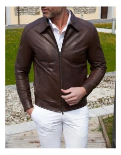 Mckinnon Shirt Collar Leather Jacket Dark Brown -Coats Sales Store 943965730 2 720x928