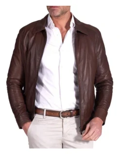 Mckinnon Shirt Collar Leather Jacket Dark Brown -Coats Sales Store 943965730 3 720x928