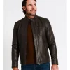 Reserve Hindley Stand Collar Leather Jacket In Brown