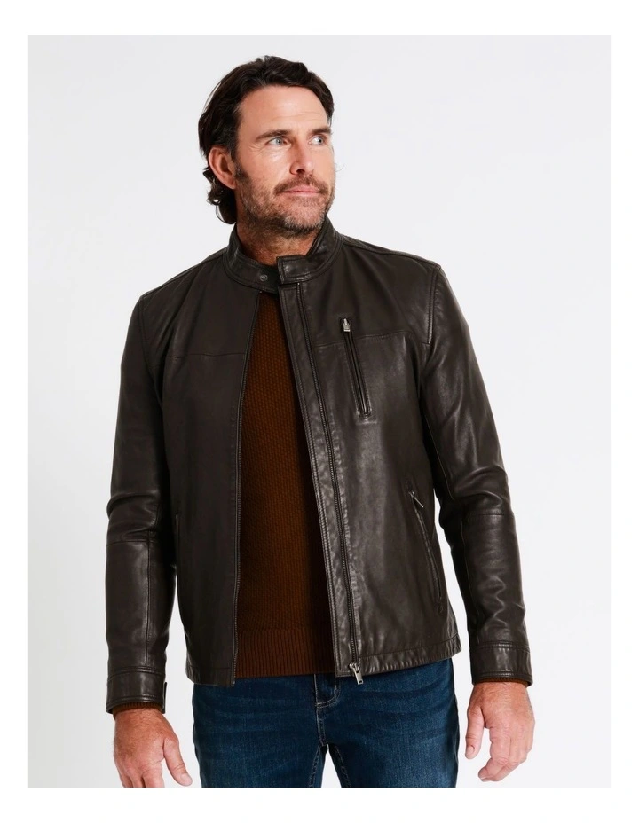 Reserve Hindley Stand Collar Leather Jacket In Brown 3 Reserve Hindley Stand Collar Leather Jacket In Brown