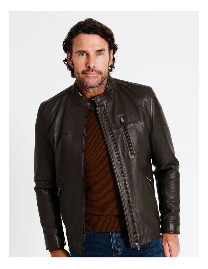 Reserve Hindley Stand Collar Leather Jacket In Brown 6 Reserve Hindley Stand Collar Leather Jacket In Brown - Image 4