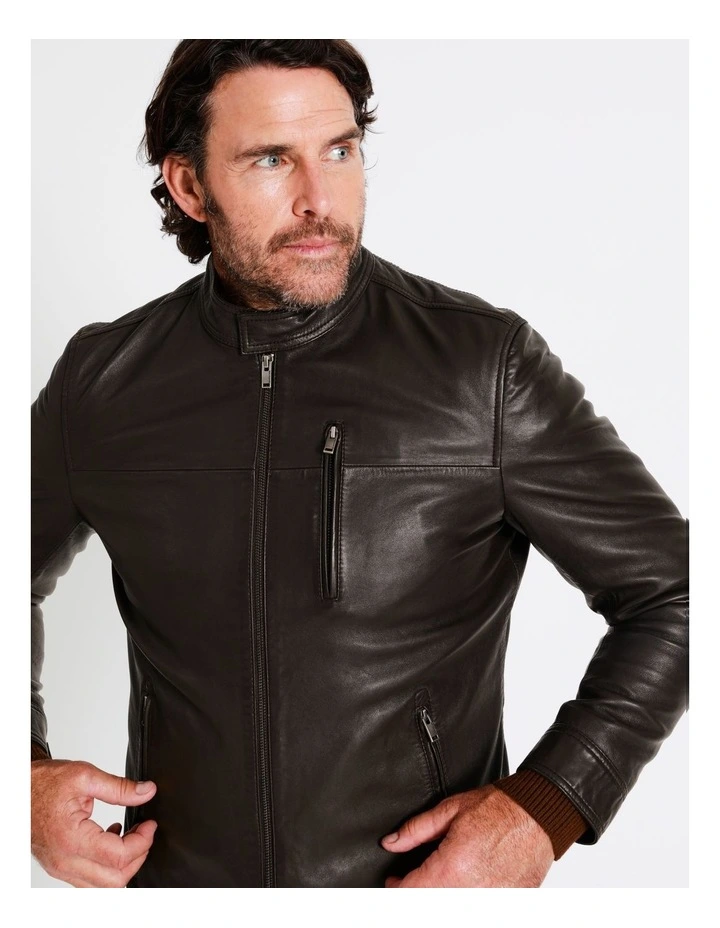 Reserve Hindley Stand Collar Leather Jacket In Brown 9 Reserve Hindley Stand Collar Leather Jacket In Brown - Image 7
