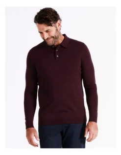 Reserve Australian Merino Knitted Long Sleeve Polo In Red
