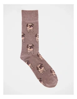 Kenji 1 Pair Pug Crew Length Socks In Brown Marle