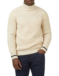 Ben Sherman Textured Stripe Roll Neck Knit In Cream
