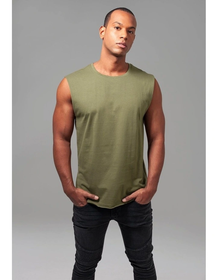 URBAN CLASSICS Open Edge Sleeveless Tee In Olive 6 URBAN CLASSICS Open Edge Sleeveless Tee In Olive - Image 4