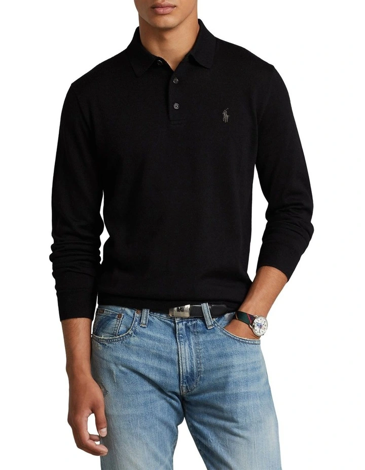 Polo Ralph Lauren Washable Wool Polo-Collar Sweater In Black 3 Polo Ralph Lauren Washable Wool Polo-Collar Sweater In Black