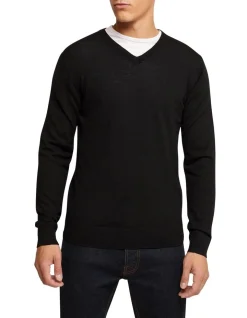 Oxford V-Neck Pure Merino Wool Pullover In Black