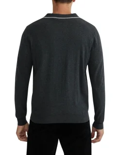 Oxford Reiss Tipping Collar Long Sleeve Knit Polo In Charcoal -Coats Sales Store 986201470 3 720x928