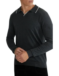 Oxford Reiss Tipping Collar Long Sleeve Knit Polo In Charcoal -Coats Sales Store 986201470 4 720x928