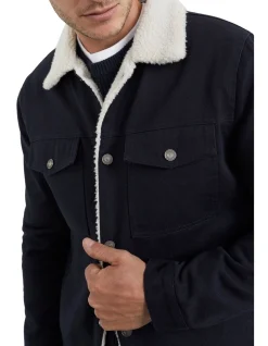 French Connection Twill Sherpa Jacket In Navy -Coats Sales Store 991619560 991608220 3 720x928