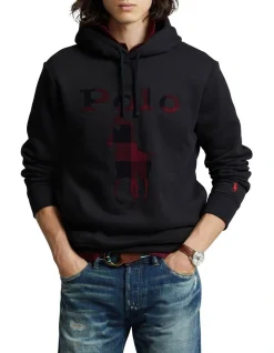Polo Ralph Lauren Checked Big Pony Logo Fleece Hoodie In Black